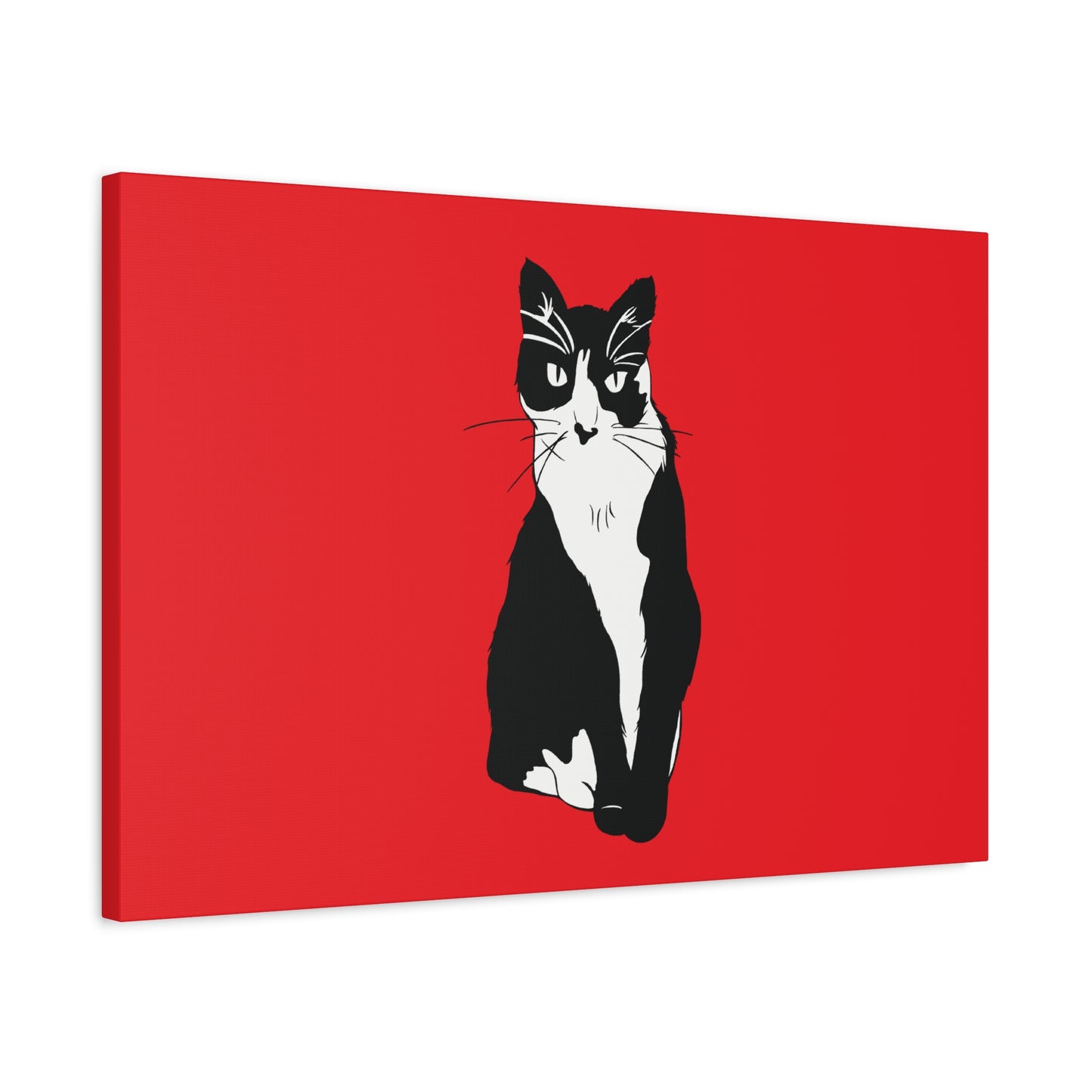 Cat Canvas on Red (B&W Style Cat) - Cat Drawing Art