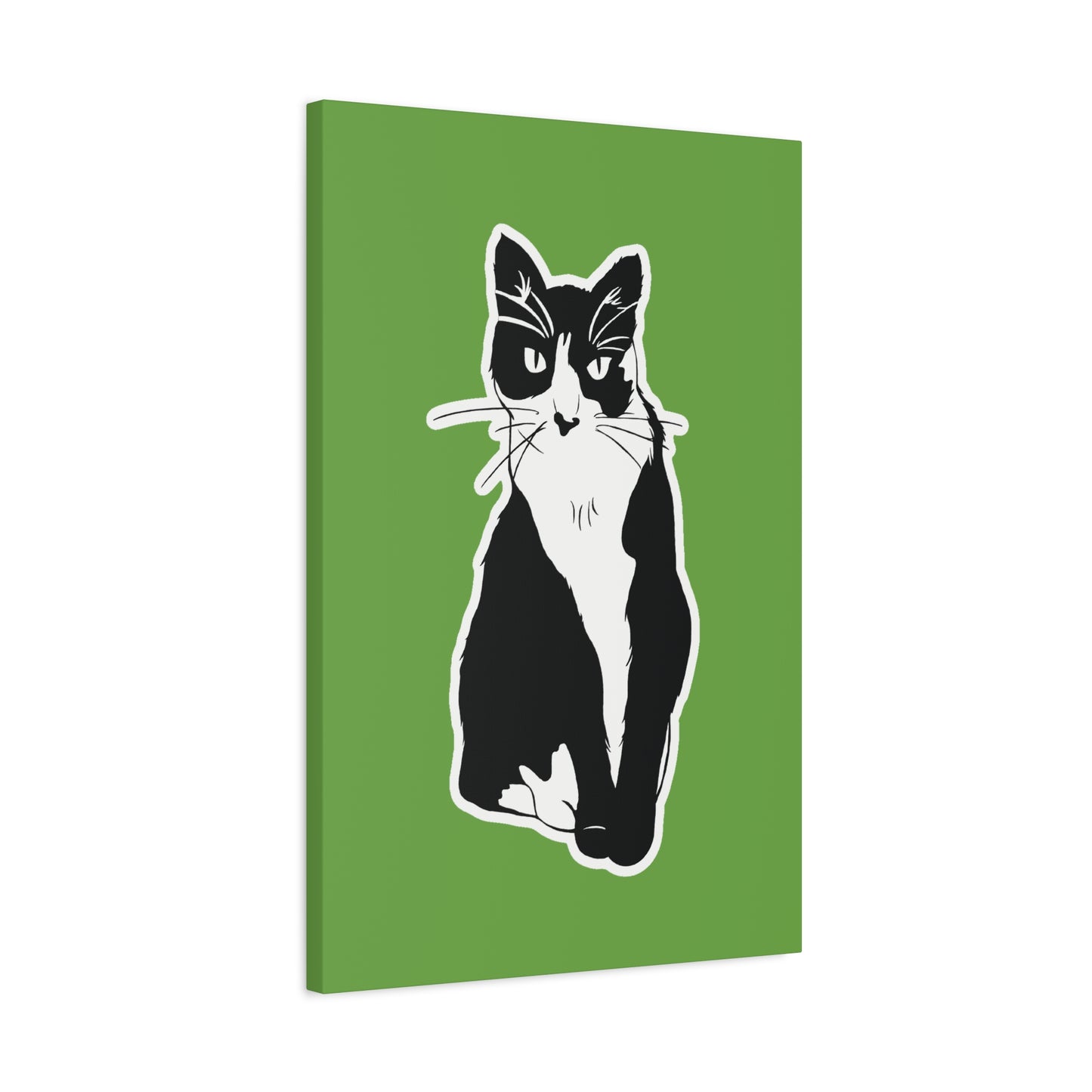 Cat Canvas Print on Green (B&W Style Cat) - Cat Drawing Art