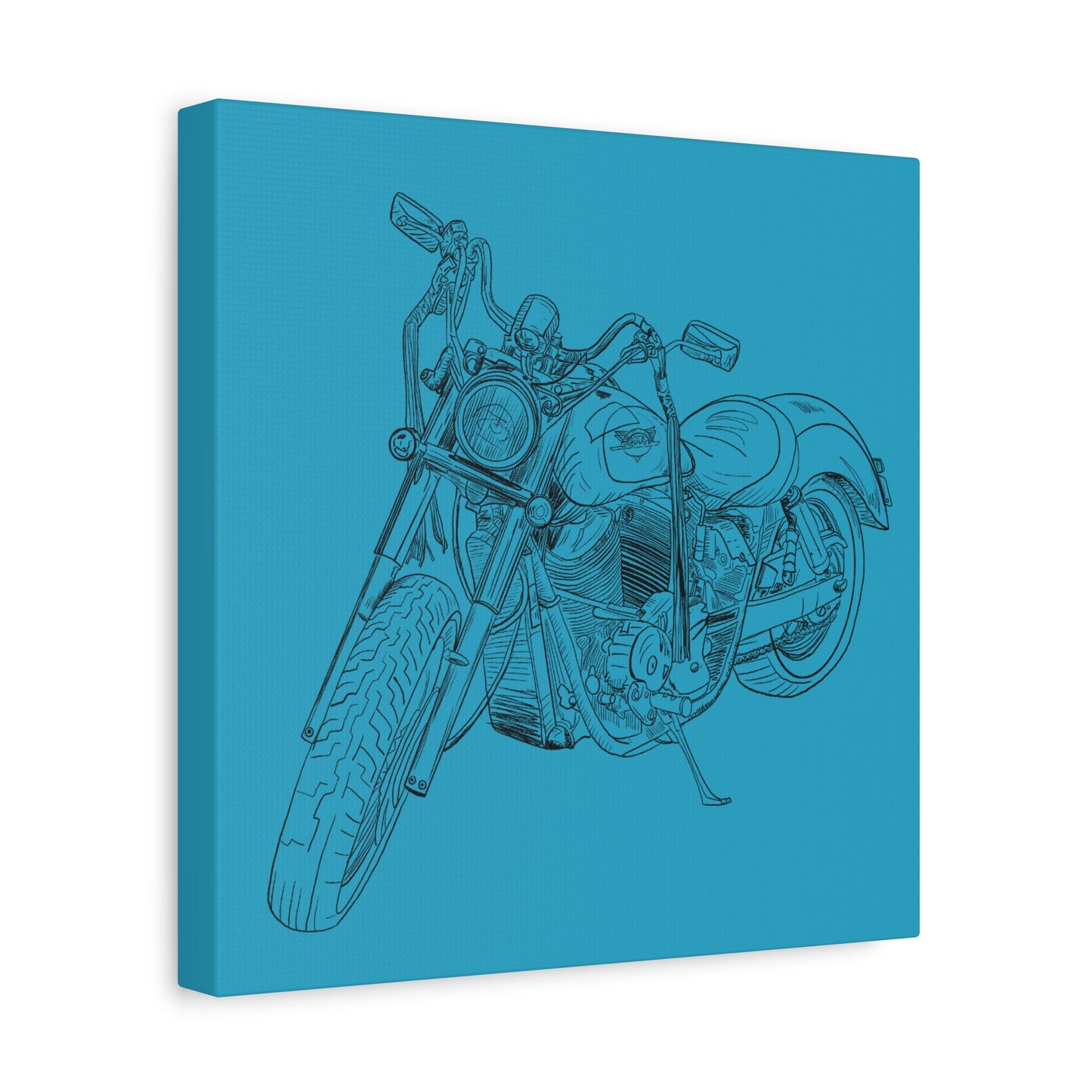 Ride Me Harley Motorcycle Sketch Canvas Print - Black Ink on Turquoise Background