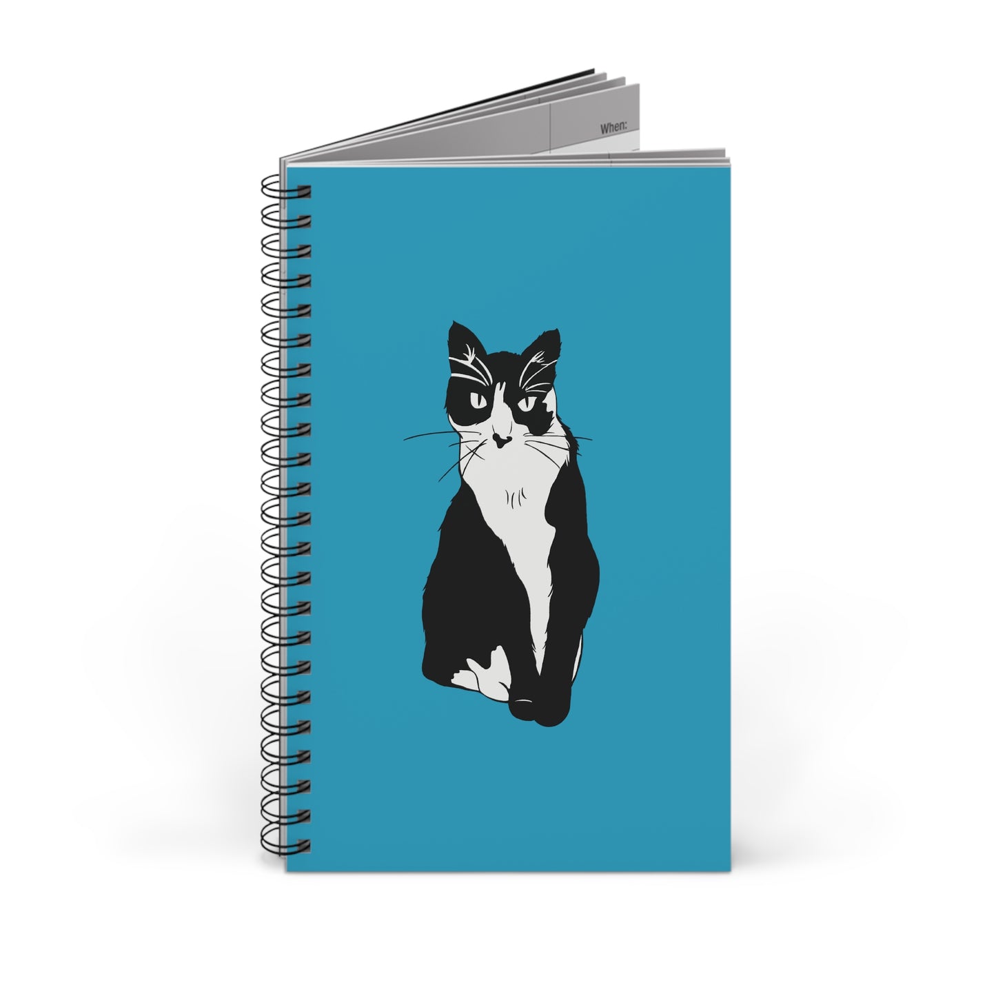 Cat Notebook in Turquoise (B&W Style Cat) - Cat Spiral Notebook