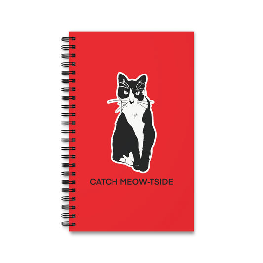Catch Meow-tside Notebook in Red (Sticker Style Cat with Black Writing) - Cat Spiral Notebook
