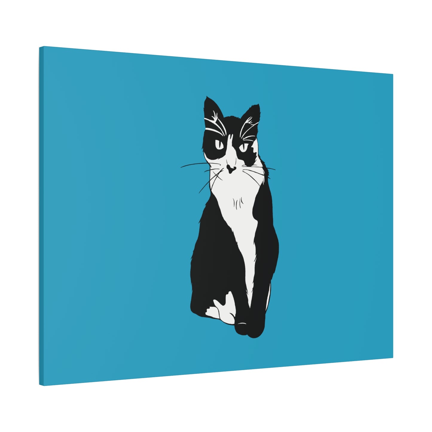Cat Canvas on Turquoise (B&W Style Cat) - Cat Drawing Art