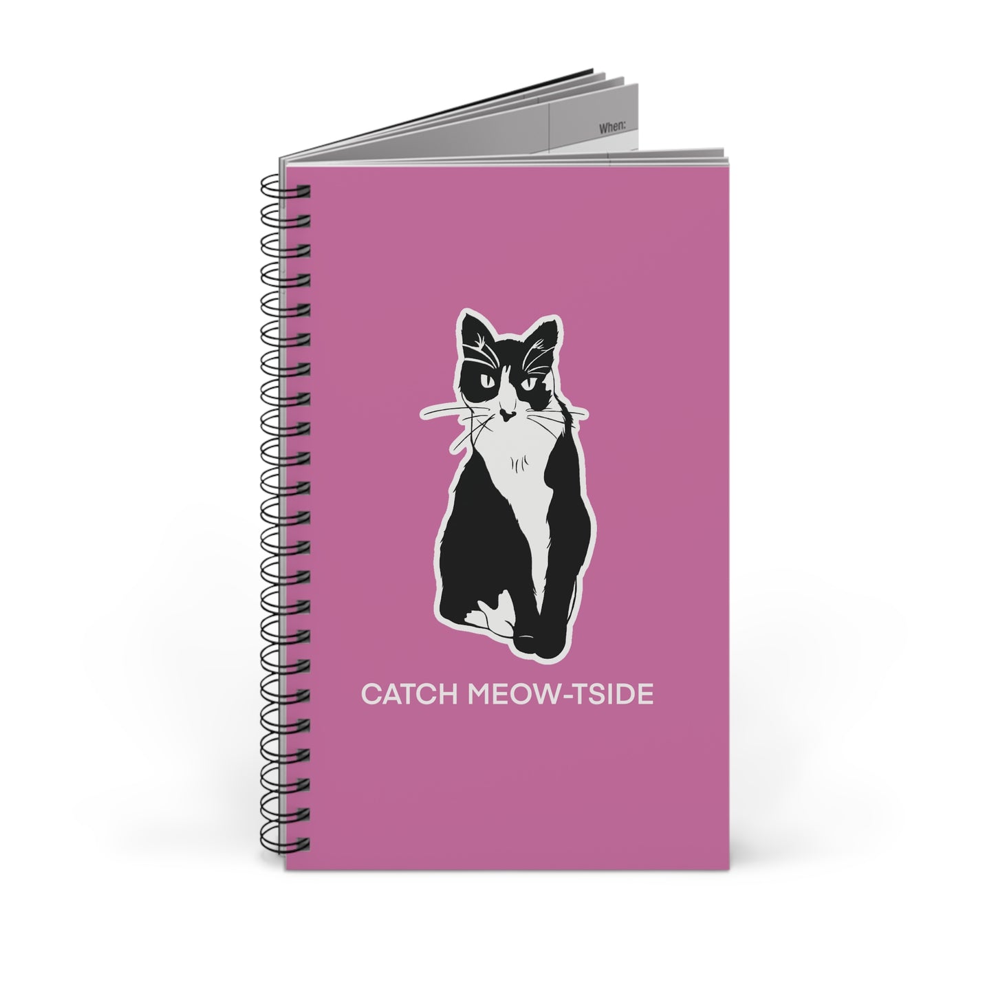 Catch Meow-tside Notebook in Light Pink (Sticker Style Cat with White Writing) - Cat Spiral Notebook