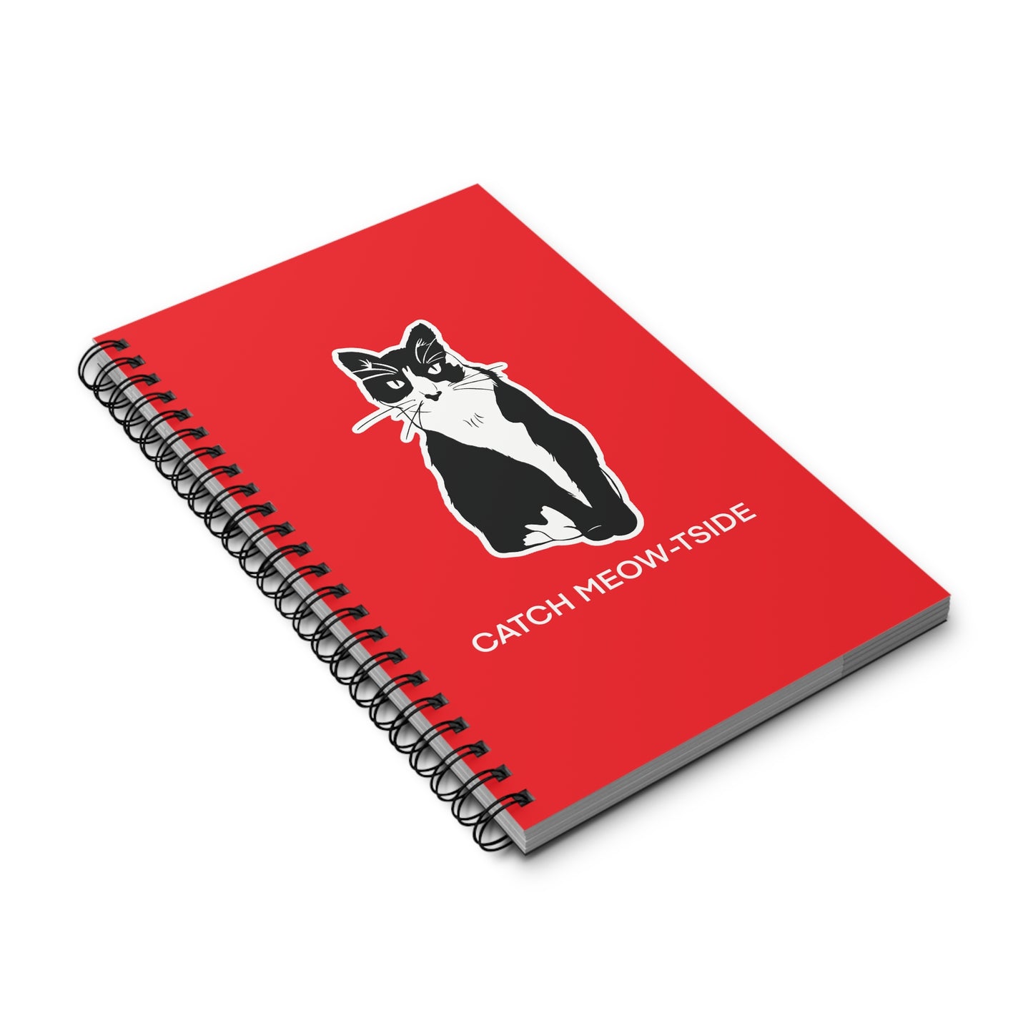 Catch Meow-tside Notebook in Red (Sticker Style Cat with White Writing) - Cat Spiral Notebook