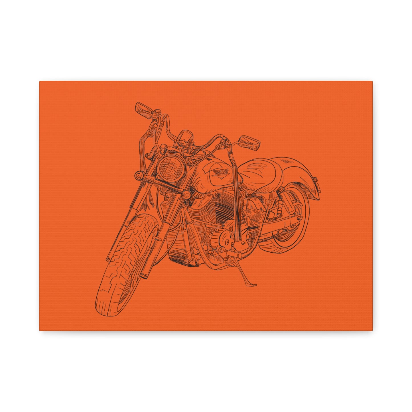 Harley Motorcycle Sketch Canvas Print - Black Ink on Orange Background