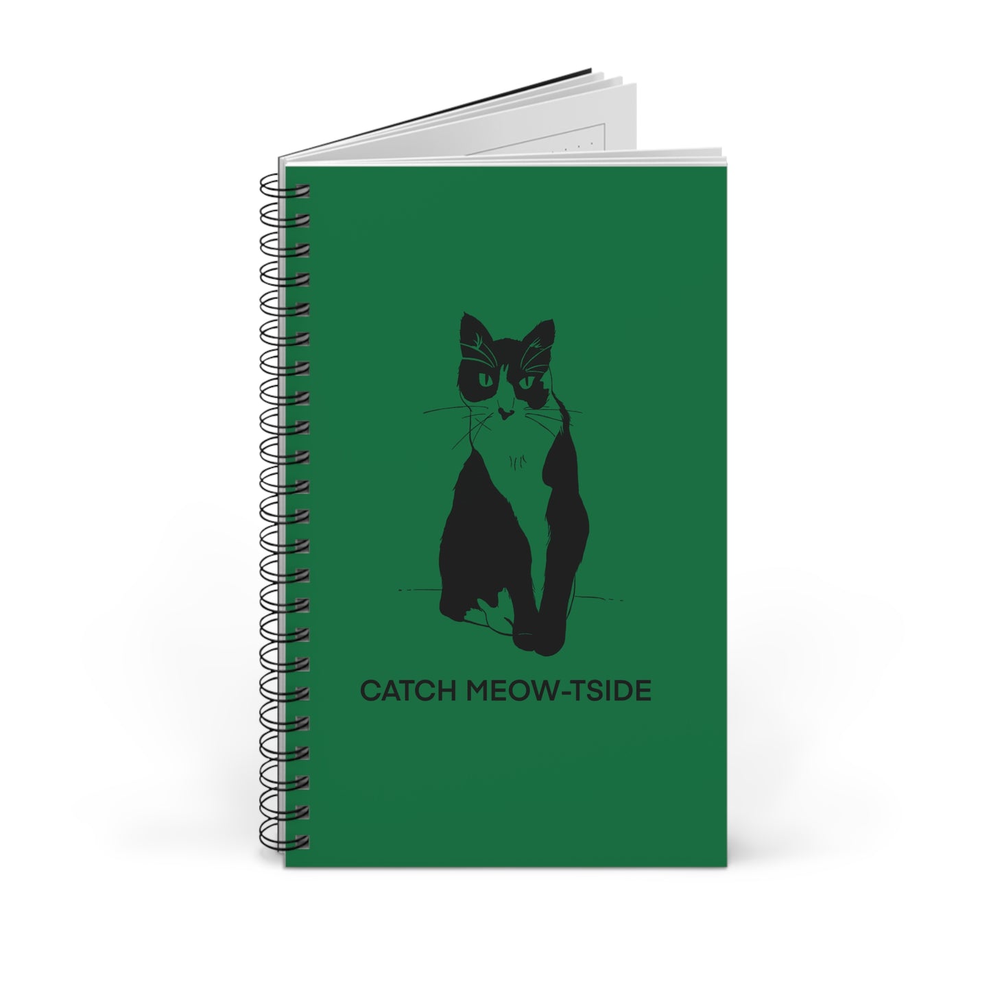 Catch Meow-tside Notebook in Dark Green (Transparent Style Cat) - Cat Spiral Notebook