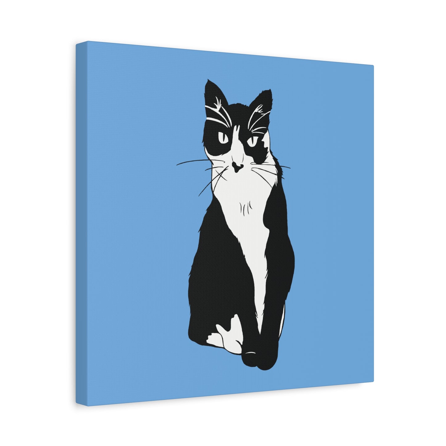 Cat Canvas on Light Blue (B&W Style Cat) - Cat Drawing Art