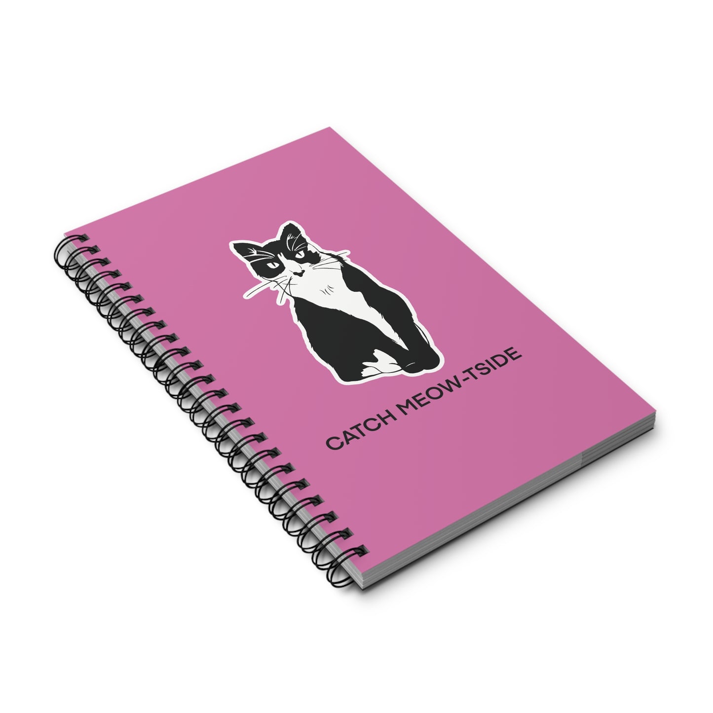 Catch Meow-tside Notebook in Light Pink (Sticker Style Cat with Black Writing) - Cat Spiral Notebook