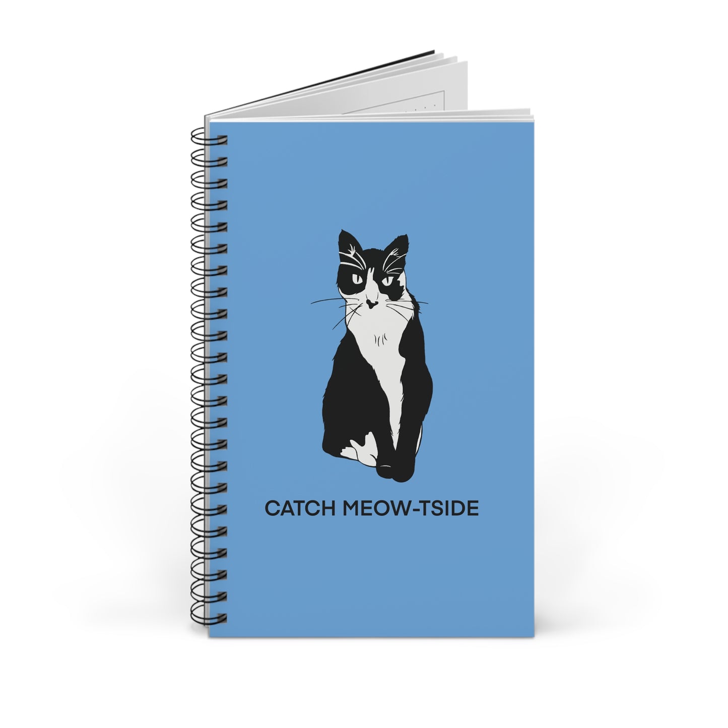 Catch Meow-tside Notebook in Light Blue (B&W Style Cat) - Cat Spiral Notebook