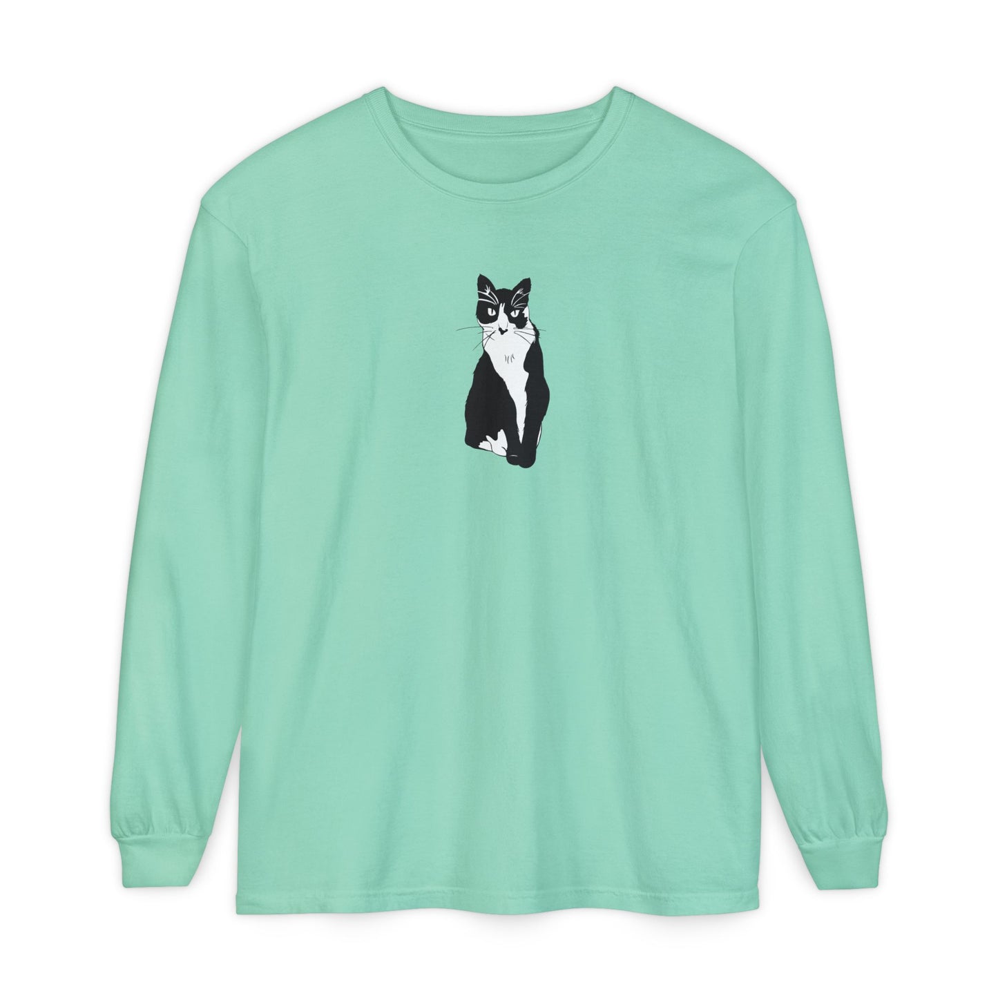 Cat Long Sleeve Tee (B&W Style Cat) - Cat Drawing Shirt