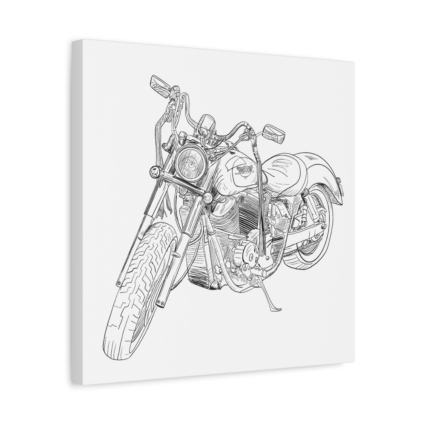 Harley Motorcycle Sketch Canvas Print - Black Ink on White Background