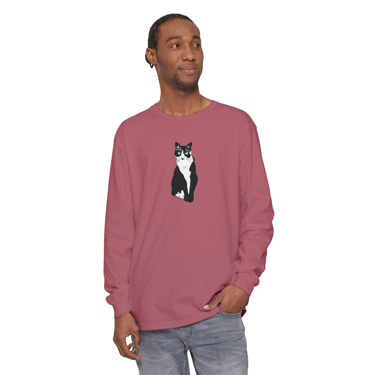 Cat Long Sleeve Tee (B&W Style Cat) - Cat Drawing Shirt