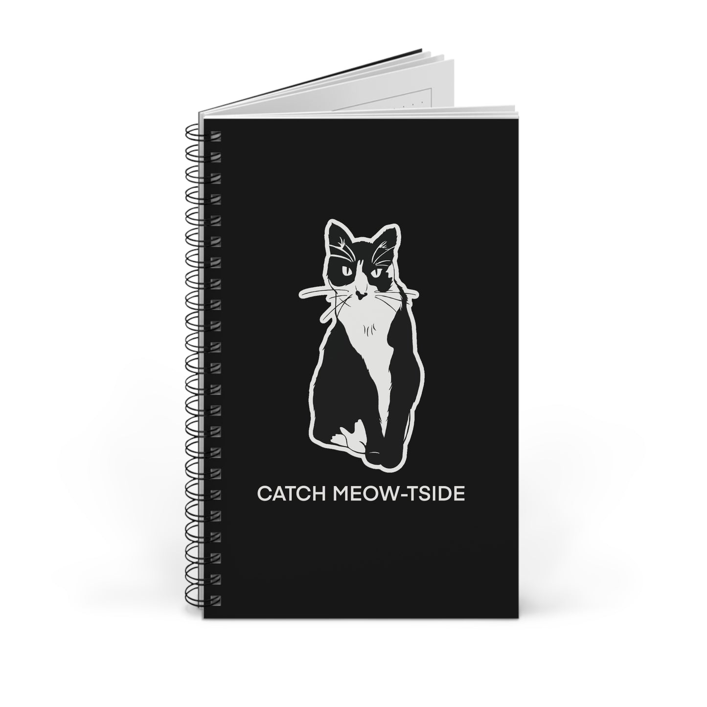 Catch Meow-tside Notebook in Black (Sticker Style Cat with White Writing) - Cat Spiral Notebook