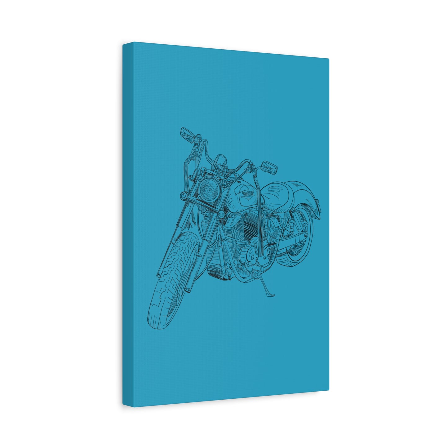Ride Me Harley Motorcycle Sketch Canvas Print - Black Ink on Turquoise Background