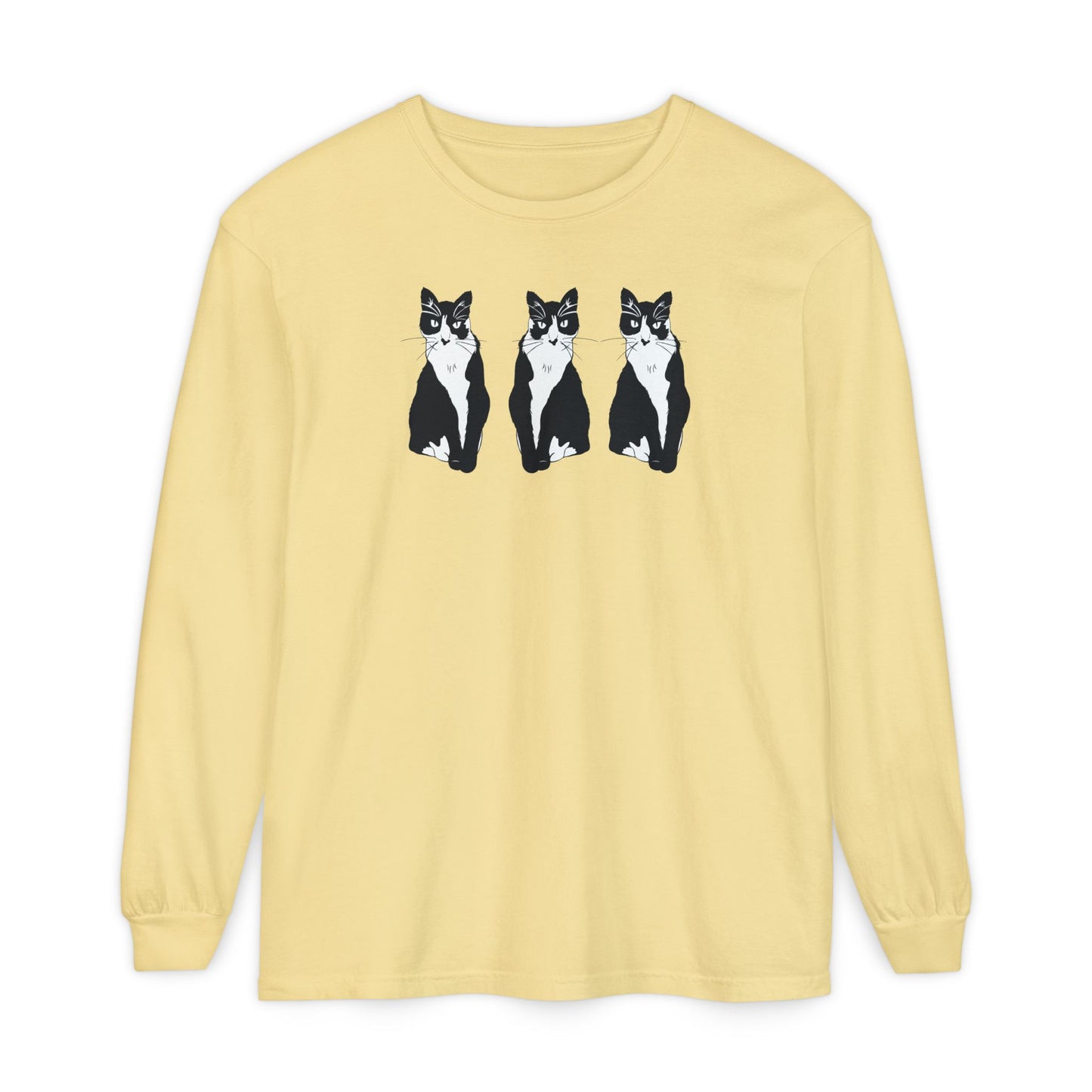 Cat x3 Long Sleeve Tee (B&W Style Cat) - Cat Drawing Shirt