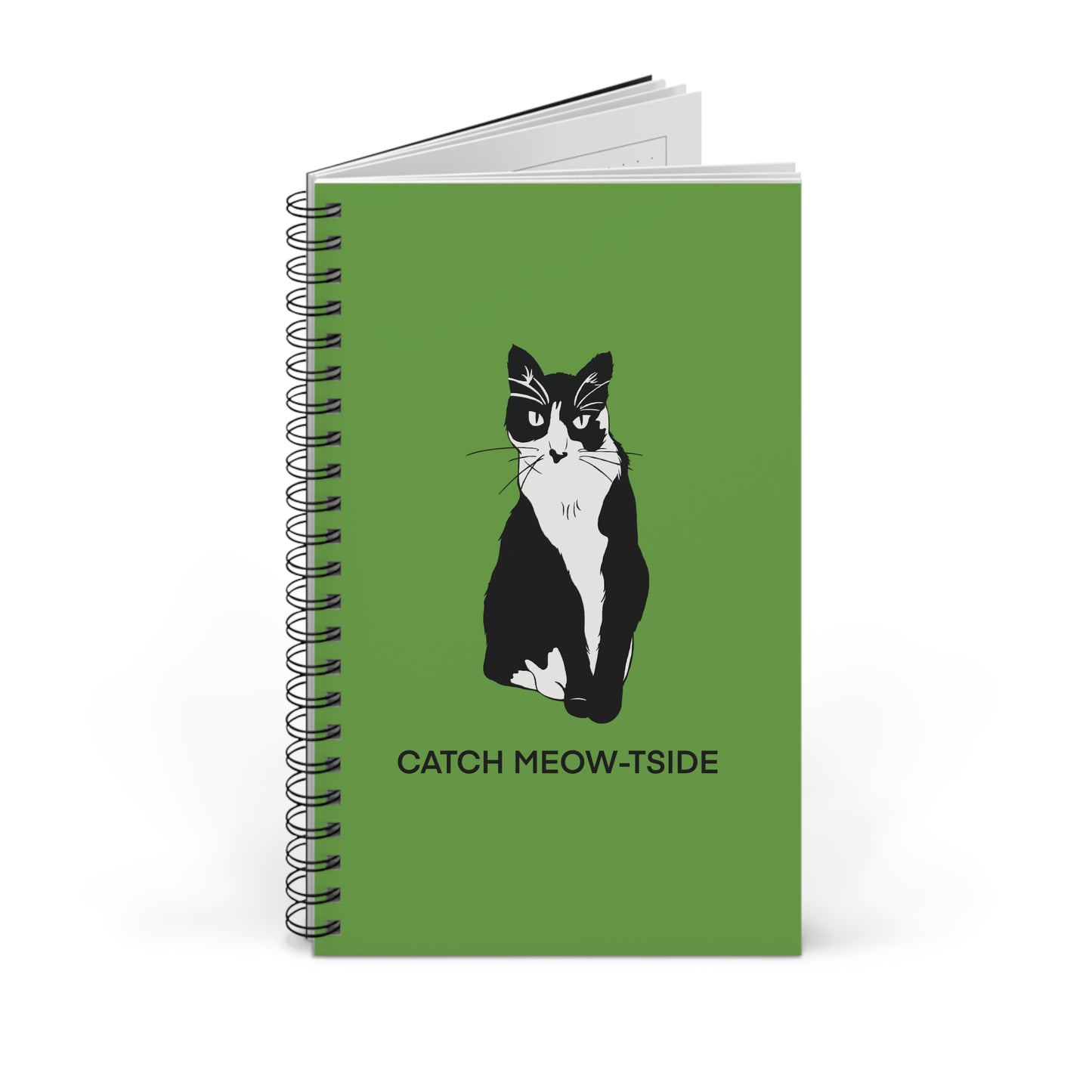 Catch Meow-tside Notebook in Green (B&W Style Cat) - Cat Spiral Notebook