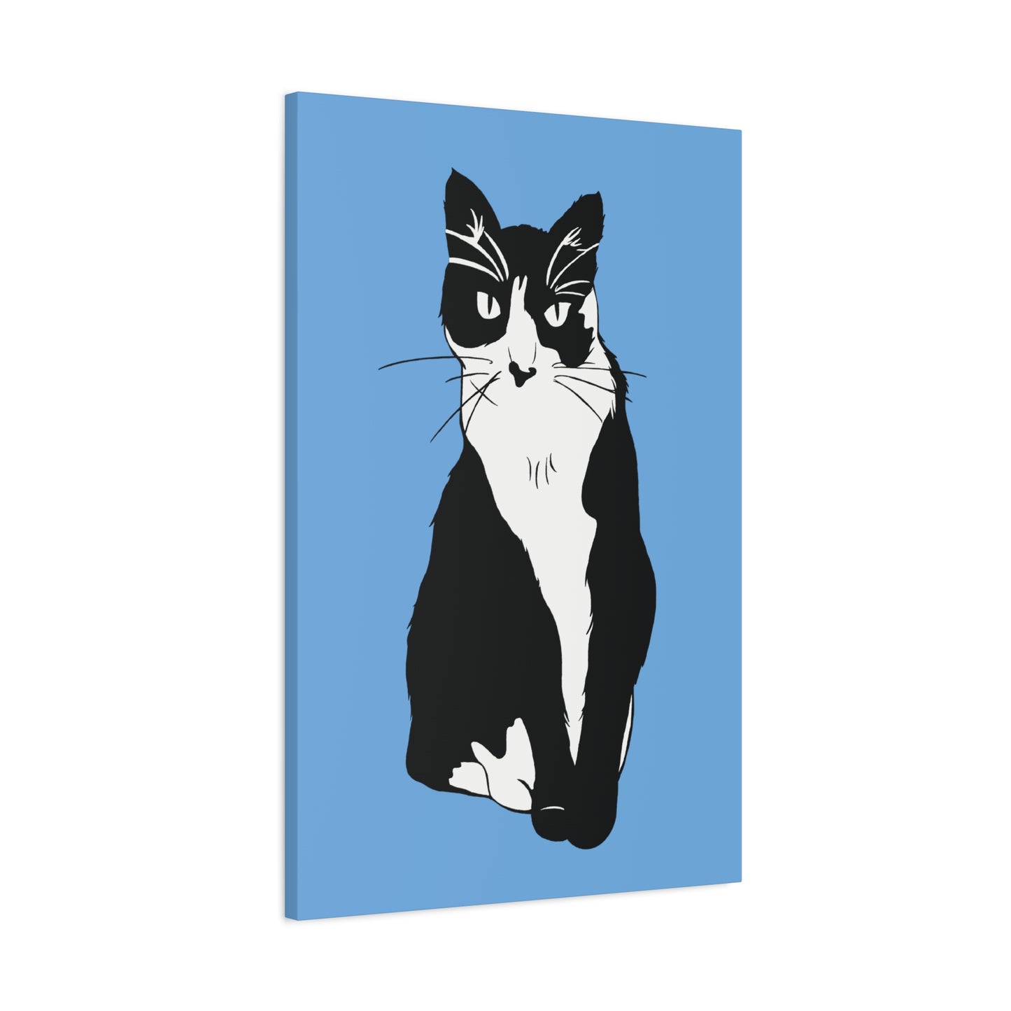 Cat Canvas on Light Blue (B&W Style Cat) - Cat Drawing Art