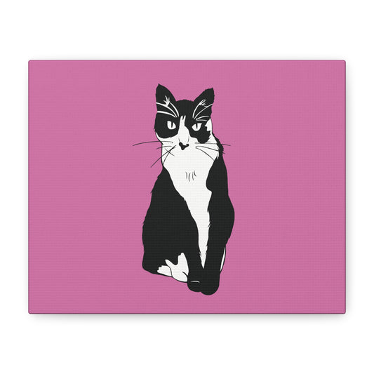 Cat Canvas on Light Pink (B&W Style Cat) - Cat Drawing Art