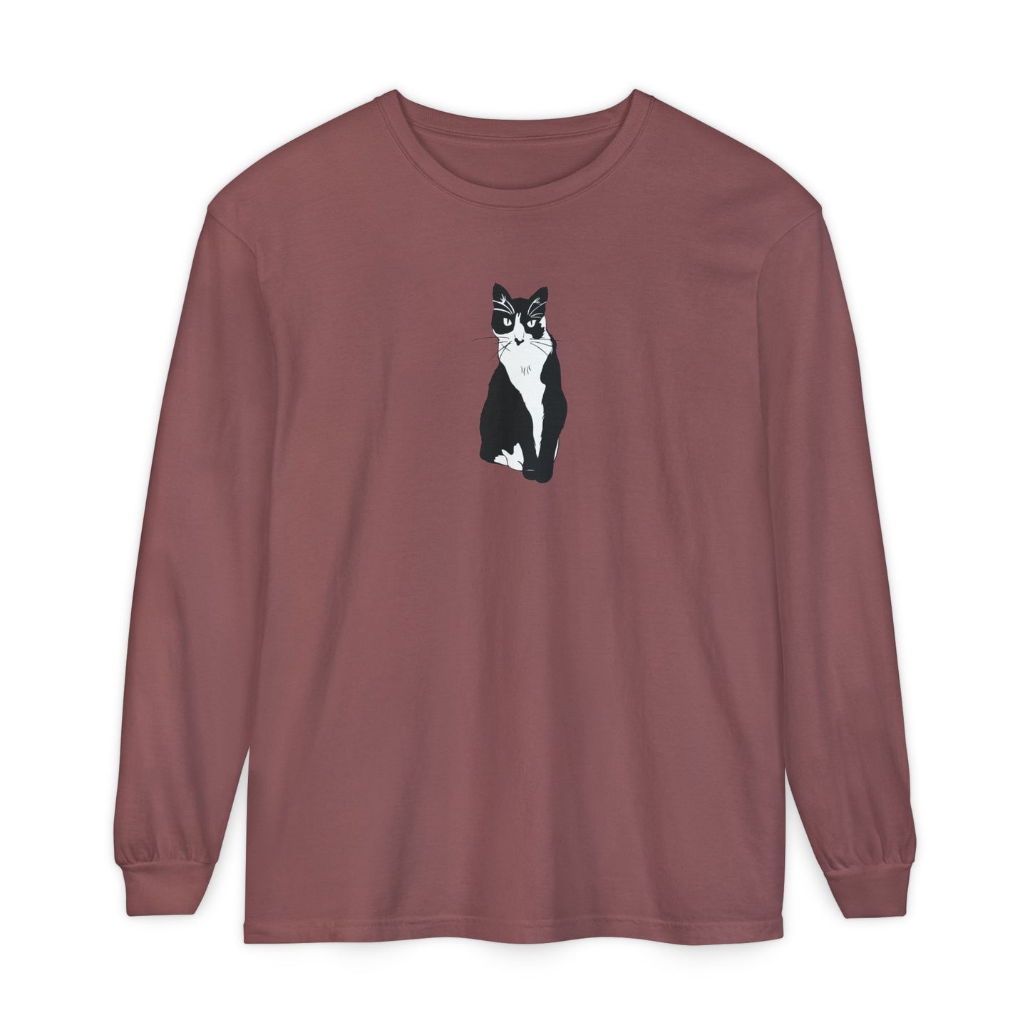 Cat Long Sleeve Tee (B&W Style Cat) - Cat Drawing Shirt