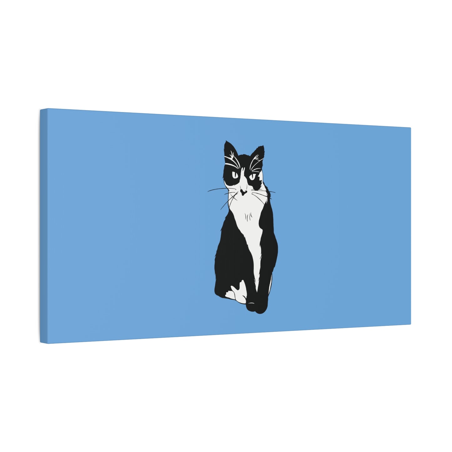 Cat Canvas on Light Blue (B&W Style Cat) - Cat Drawing Art