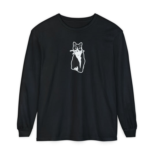 Cat Long Sleeve Tee (Sticker Style Cat) - Cat Drawing Shirt