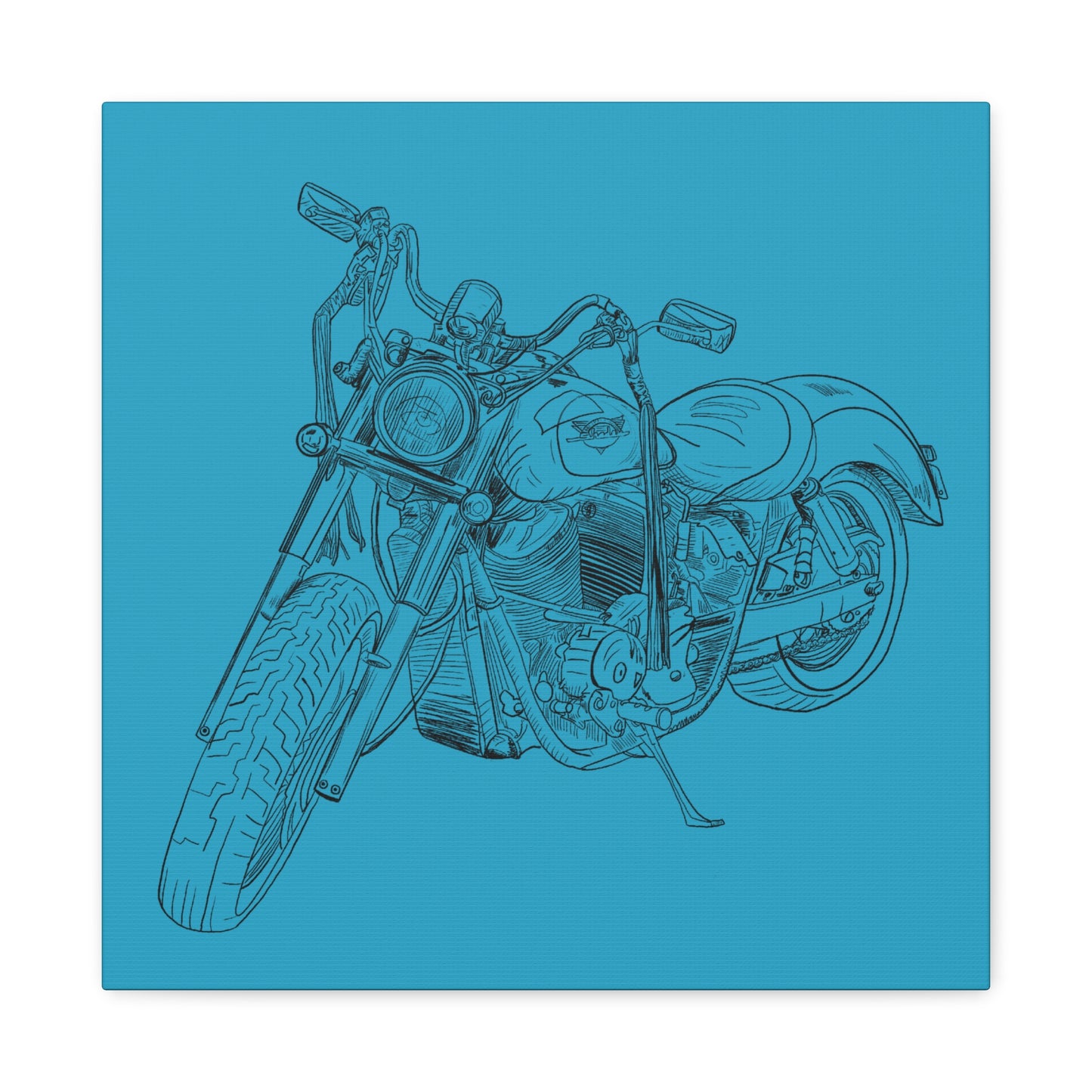 Ride Me Harley Motorcycle Sketch Canvas Print - Black Ink on Turquoise Background