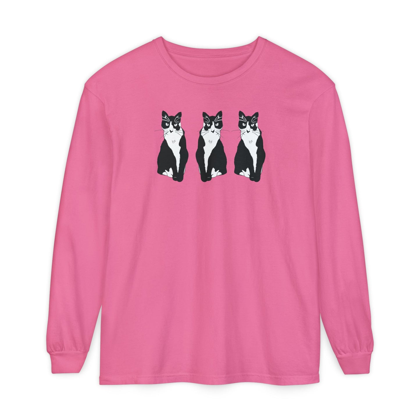 Cat x3 Long Sleeve Tee (B&W Style Cat) - Cat Drawing Shirt