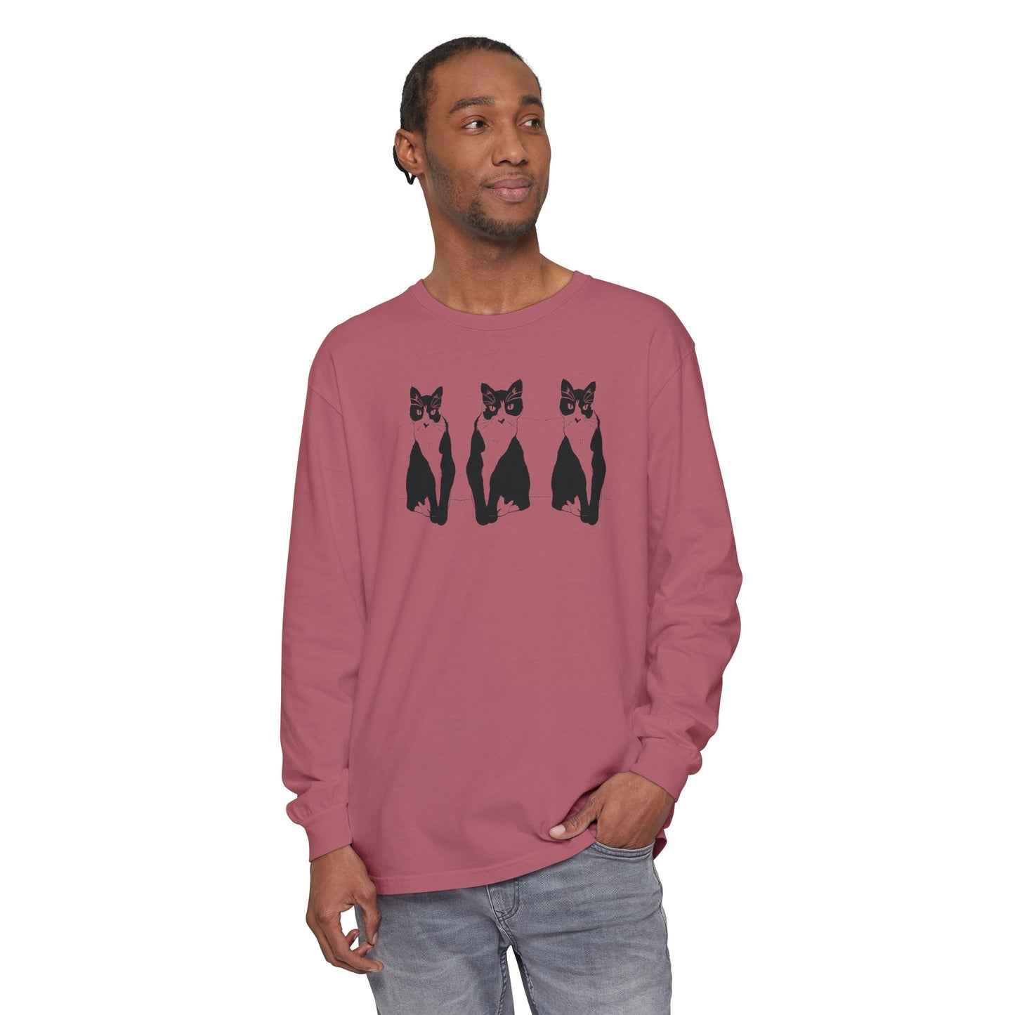 Cat x3 Long Sleeve Tee (Transparent Style Cat) - Cat Drawing Shirt
