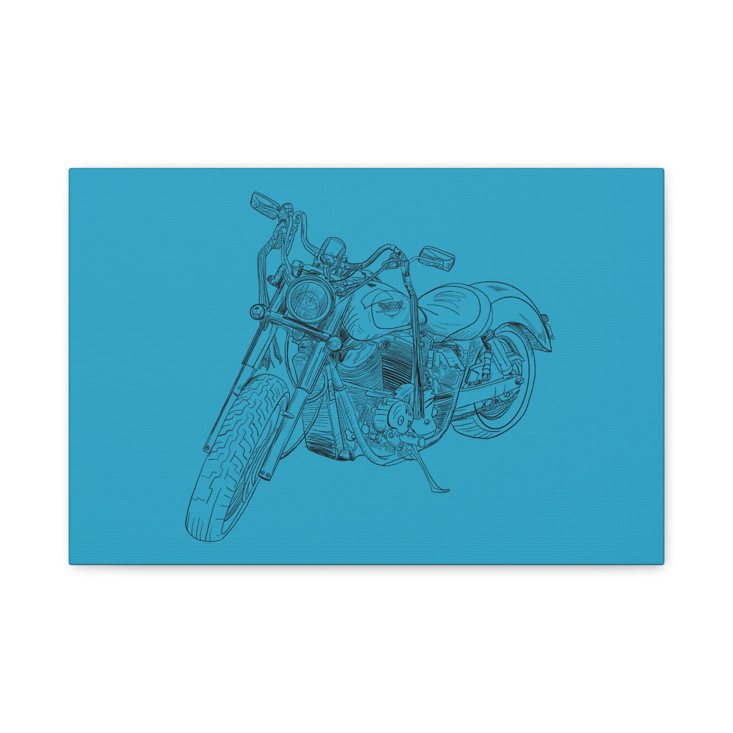 Ride Me Harley Motorcycle Sketch Canvas Print - Black Ink on Turquoise Background