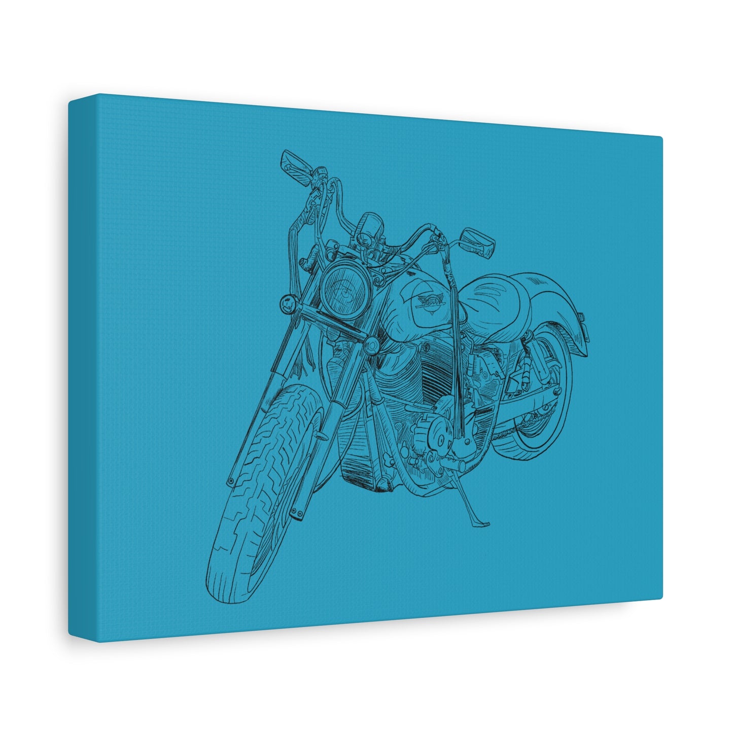 Ride Me Harley Motorcycle Sketch Canvas Print - Black Ink on Turquoise Background