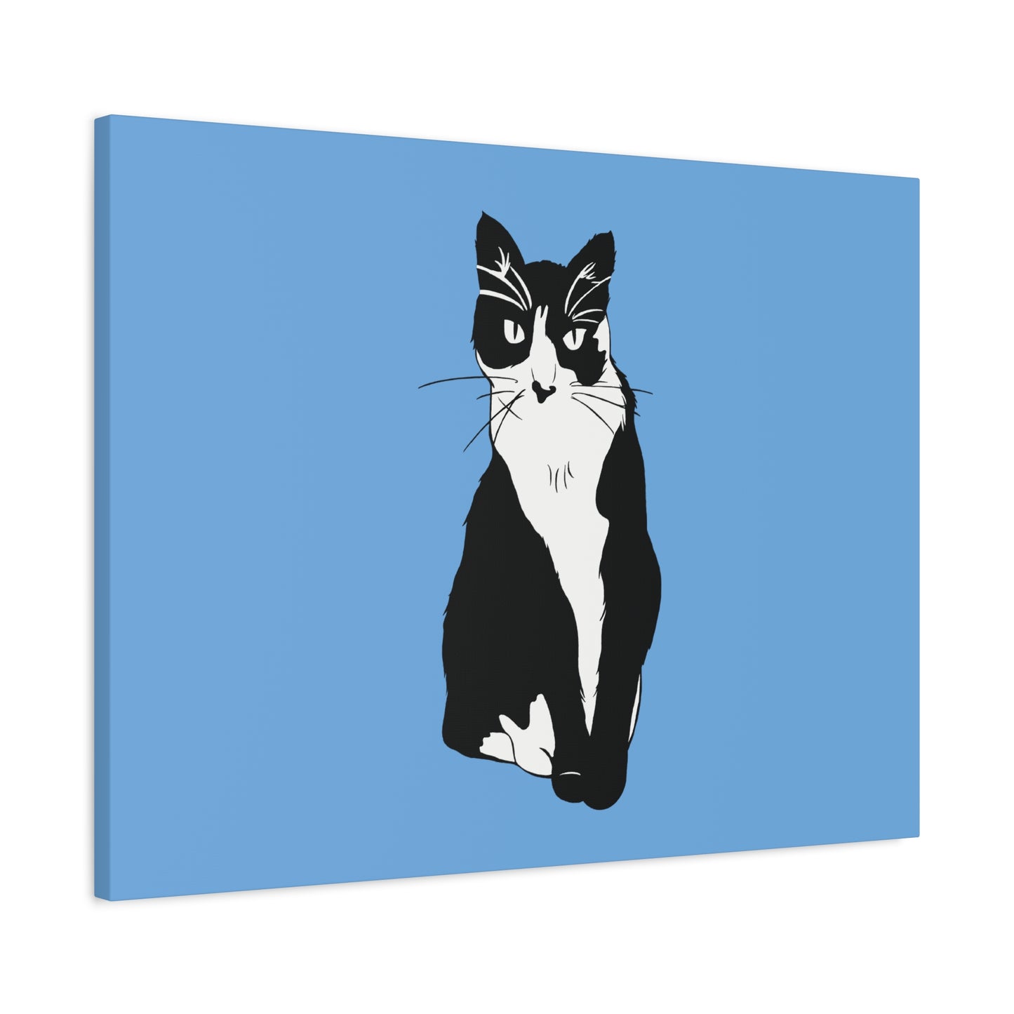 Cat Canvas on Light Blue (B&W Style Cat) - Cat Drawing Art