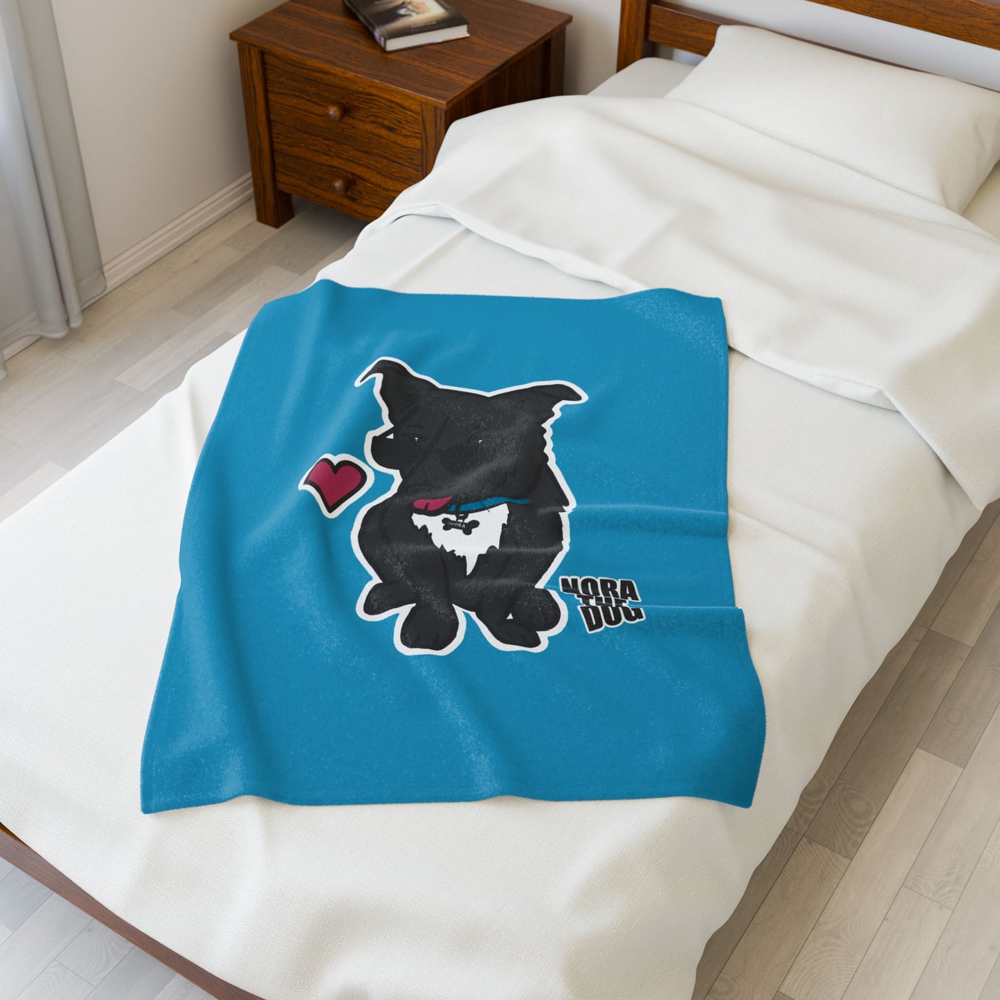Nora the Dog Heart Throw Blanket (Color Sticker Style on Turquoise Edition)