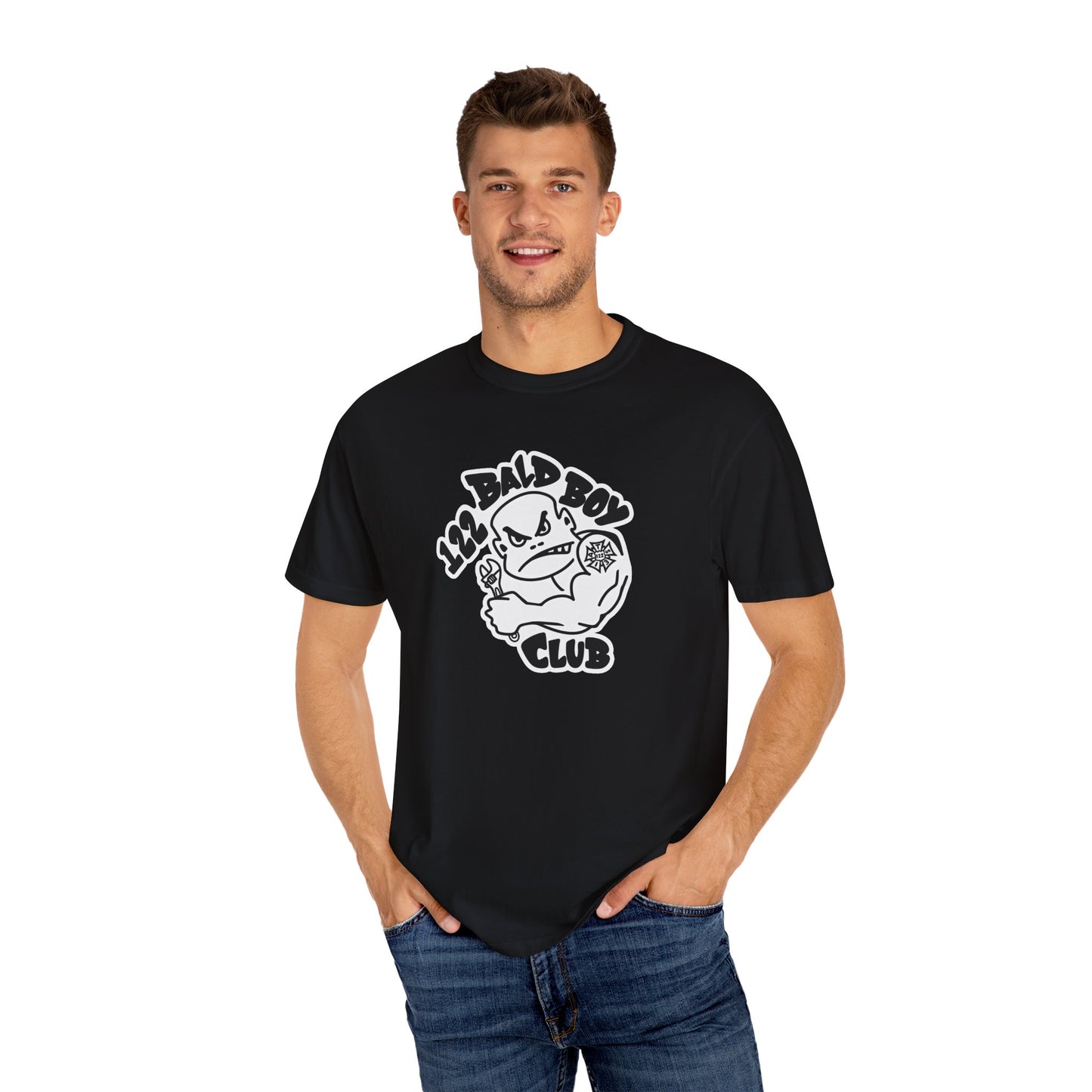 IATSE 122 Bald Boy Club T-Shirt Front Design - San Diego IATSE Local 122 Bald Boy Club Shirt - Bad Boy Club Parody Tee