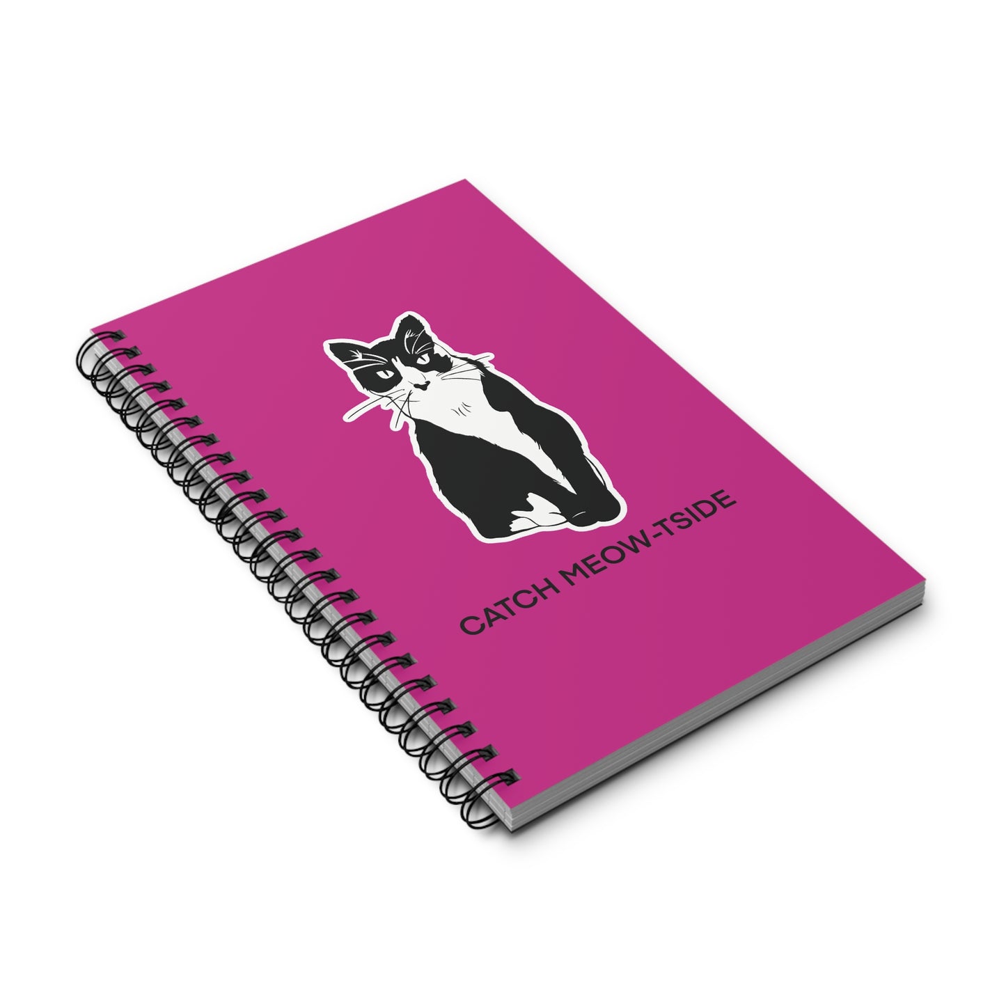 Catch Meow-tside Notebook in Pink (Sticker Style Cat with Black Writing) - Cat Spiral Notebook