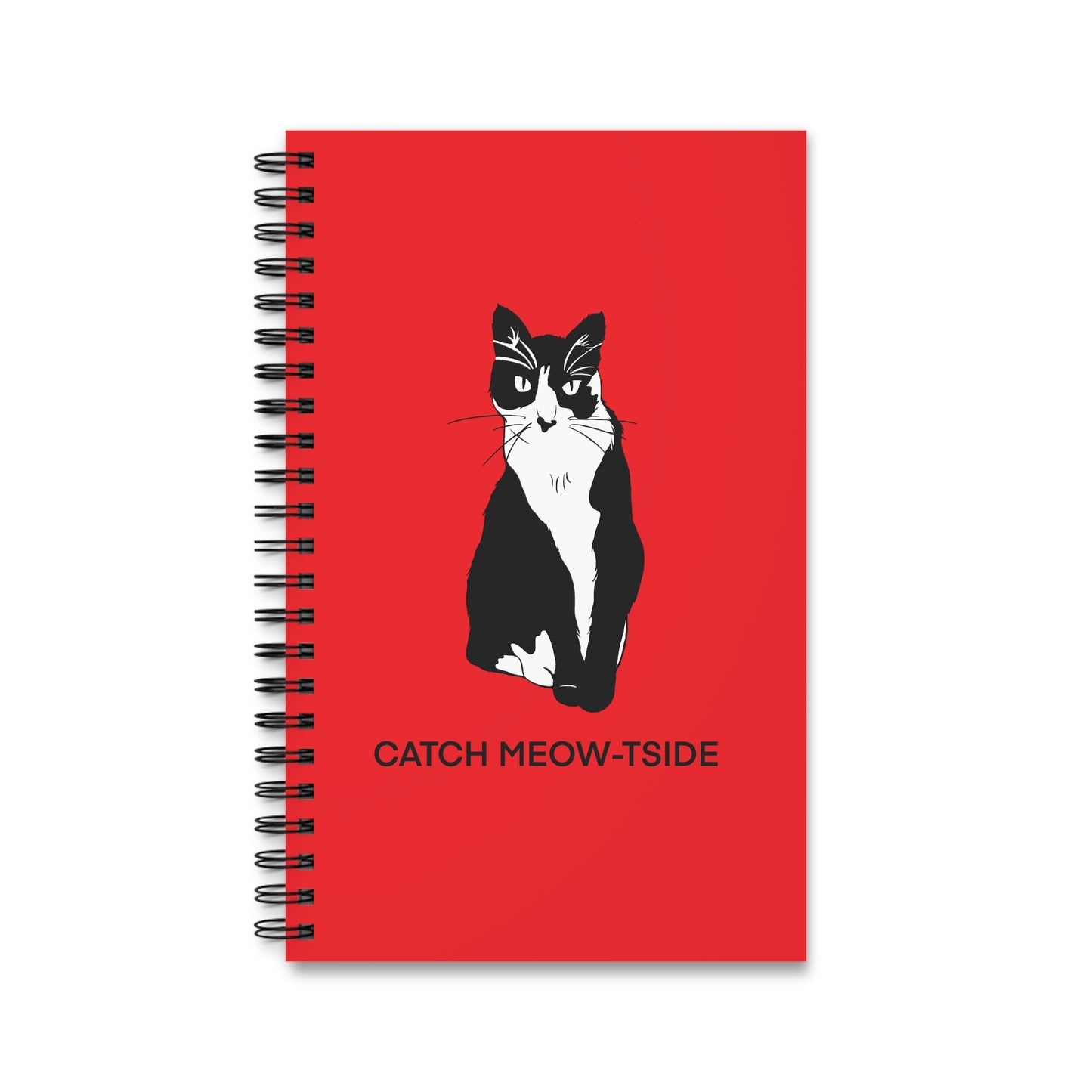Catch Meow-tside Notebook in Red (B&W Style Cat) - Cat Spiral Notebook