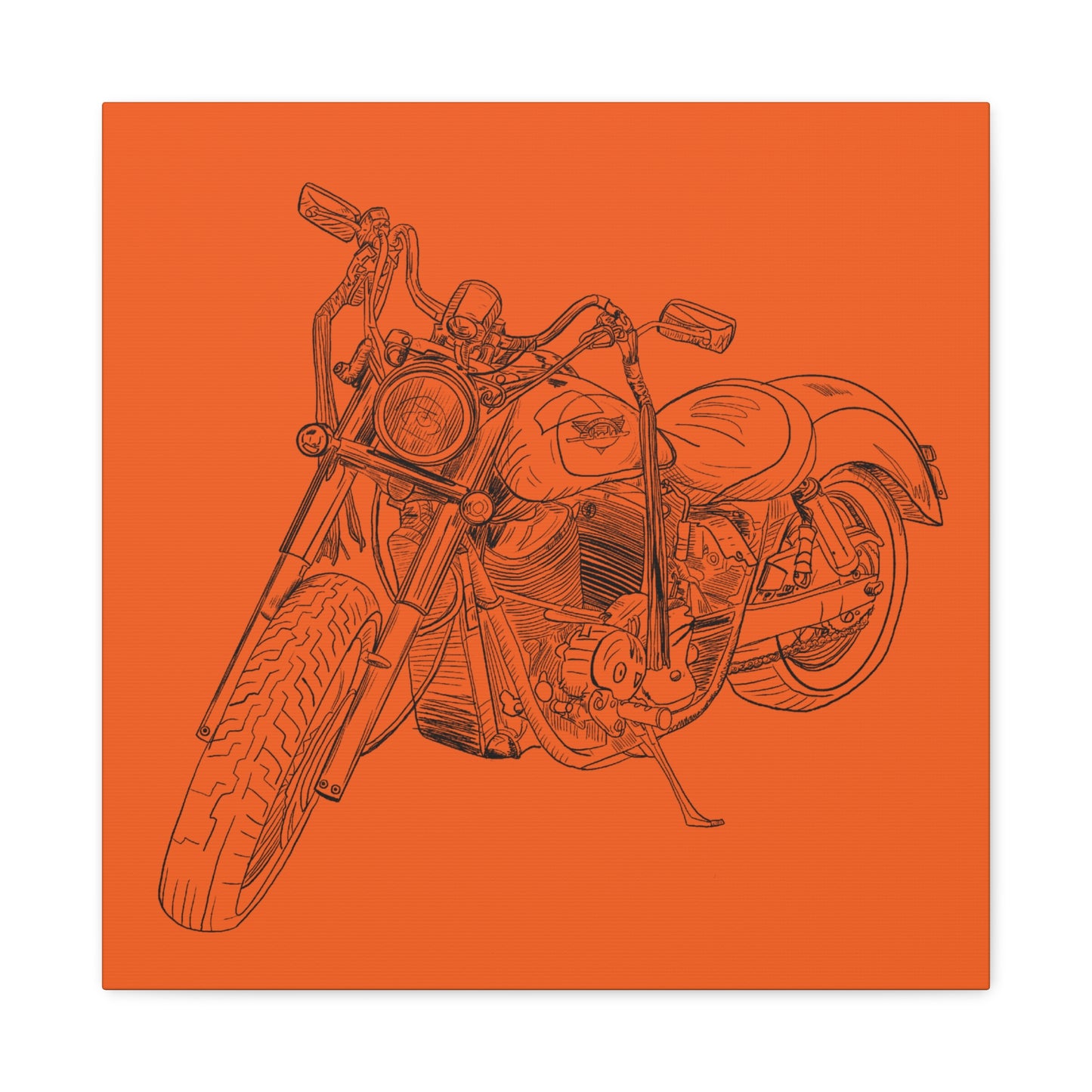 Harley Motorcycle Sketch Canvas Print - Black Ink on Orange Background