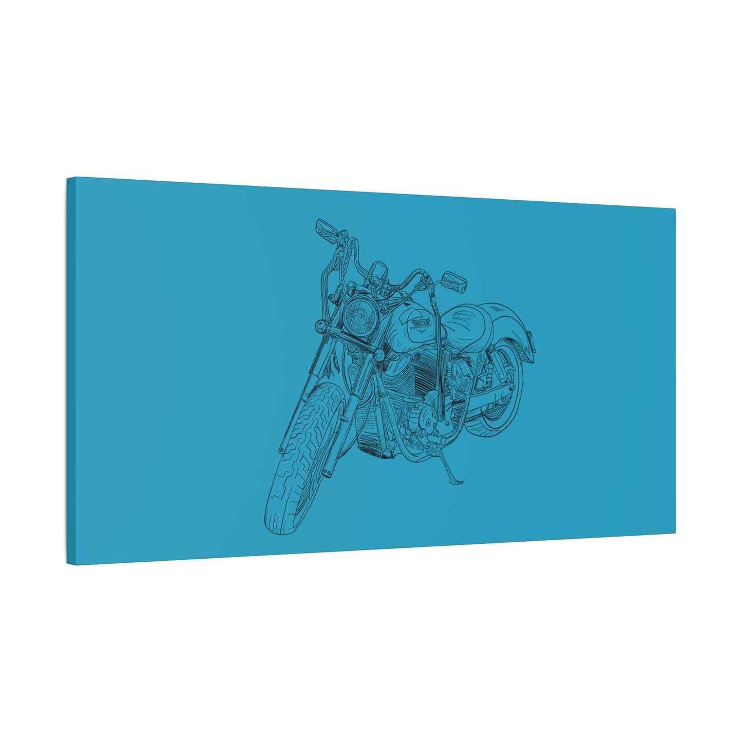 Ride Me Harley Motorcycle Sketch Canvas Print - Black Ink on Turquoise Background