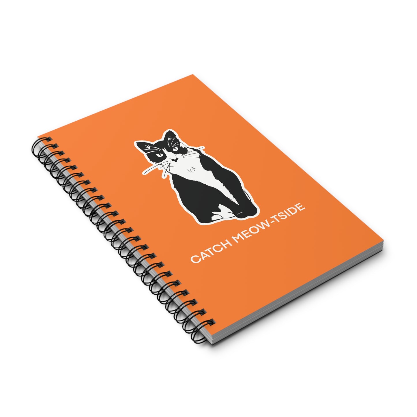 Catch Meow-tside Notebook in Light Orange (Sticker Style Cat with White Writing) - Cat Spiral Notebook