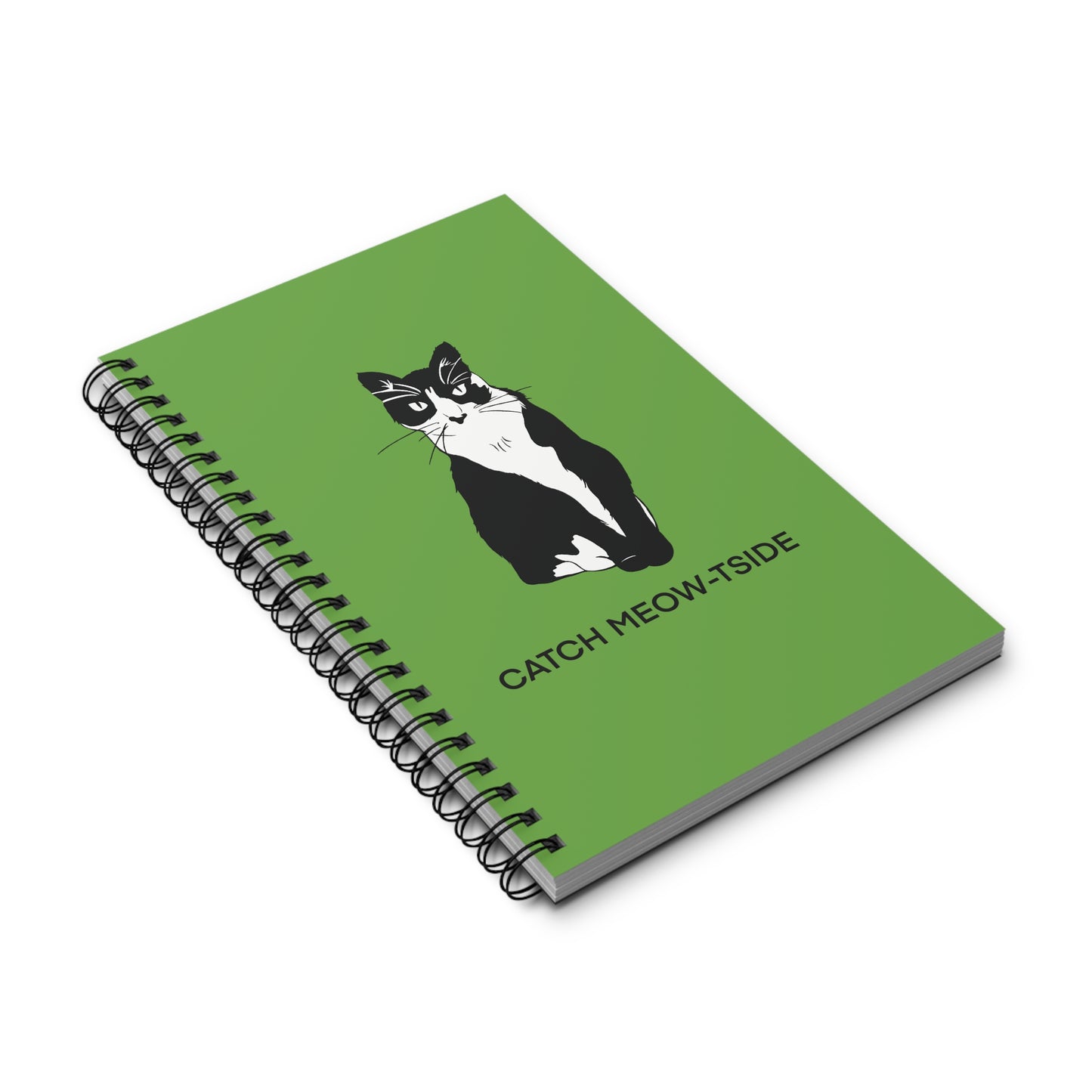 Catch Meow-tside Notebook in Green (B&W Style Cat) - Cat Spiral Notebook