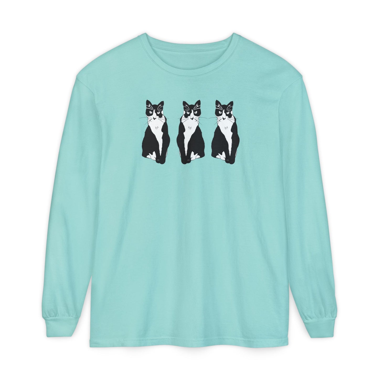 Cat x3 Long Sleeve Tee (B&W Style Cat) - Cat Drawing Shirt