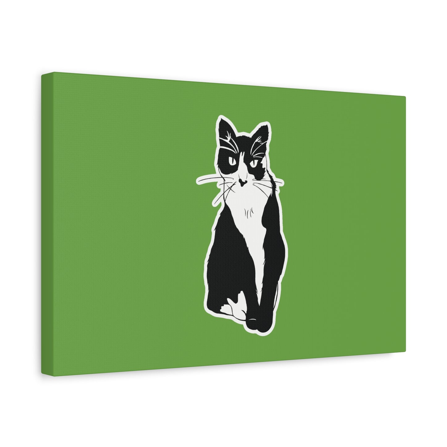 Cat Canvas Print on Green (B&W Style Cat) - Cat Drawing Art