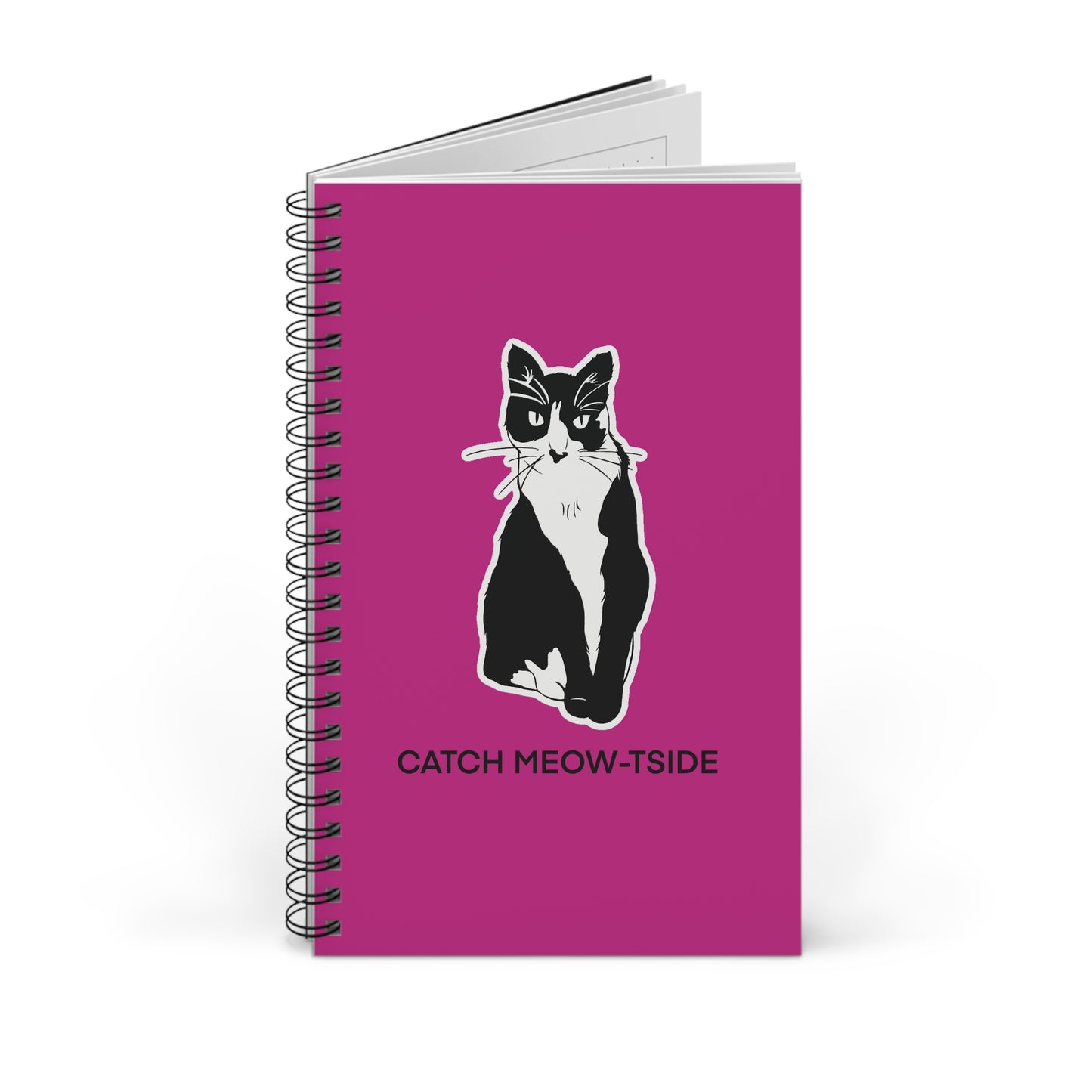 Catch Meow-tside Notebook in Pink (Sticker Style Cat with Black Writing) - Cat Spiral Notebook