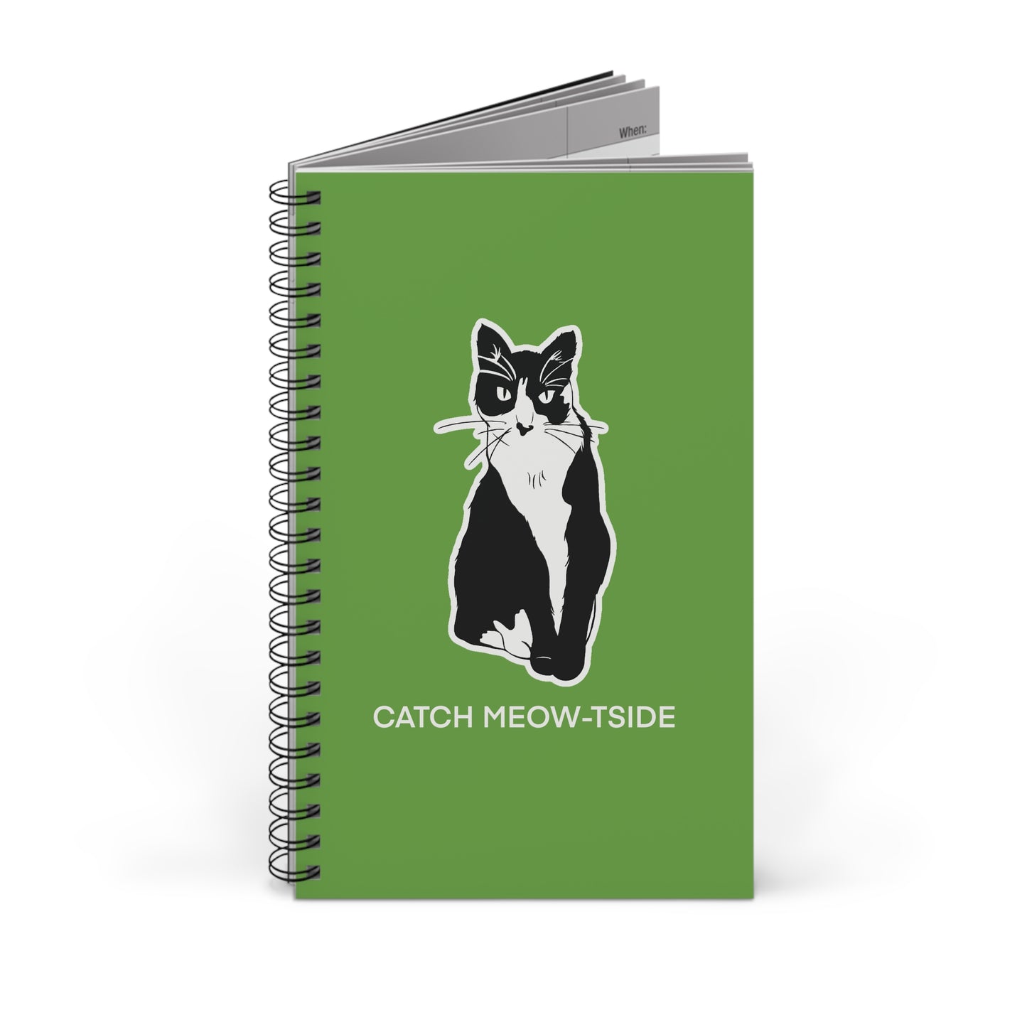 Catch Meow-tside Notebook in Green (Sticker Style Cat with White Writing) - Cat Spiral Notebook