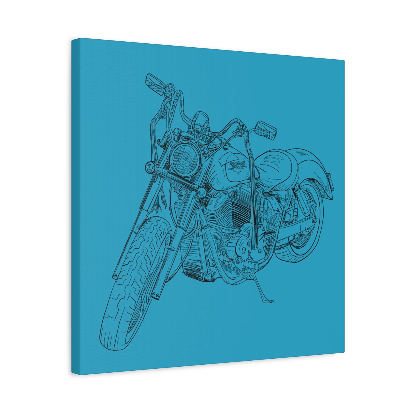 Ride Me Harley Motorcycle Sketch Canvas Print - Black Ink on Turquoise Background