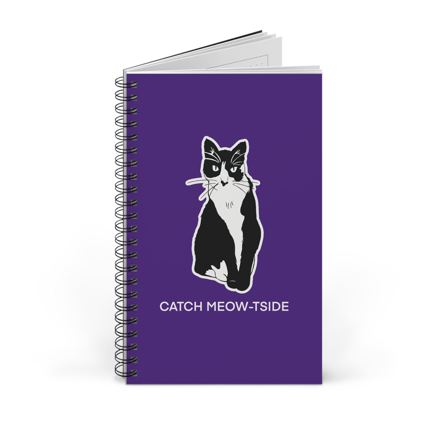 Catch Meow-tside Notebook in Purple (Sticker Style Cat with White Writing) - Cat Spiral Notebook
