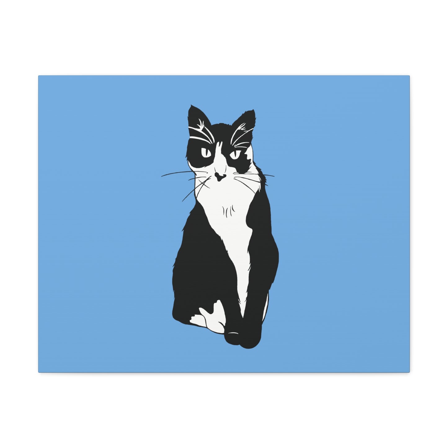 Cat Canvas on Light Blue (B&W Style Cat) - Cat Drawing Art