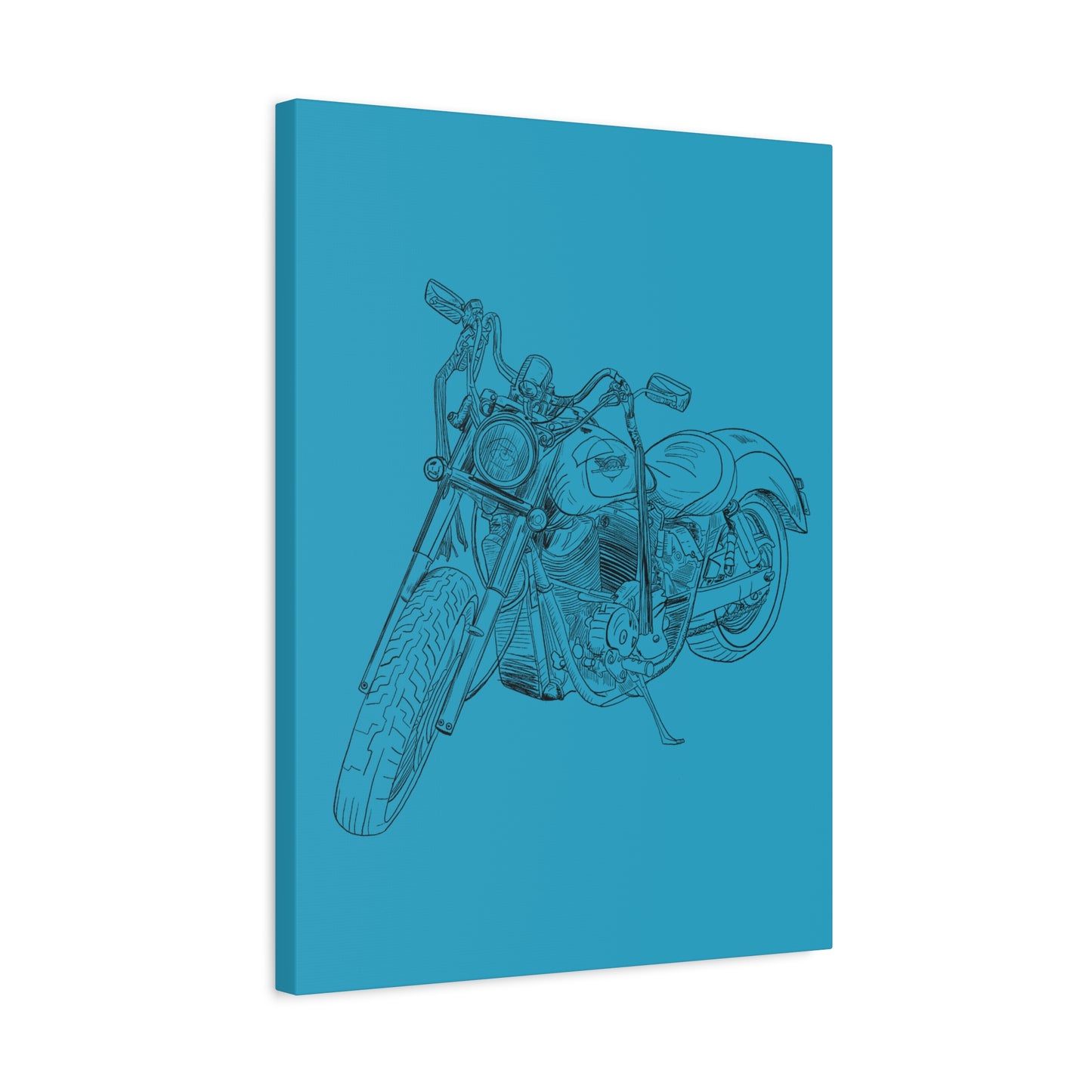Ride Me Harley Motorcycle Sketch Canvas Print - Black Ink on Turquoise Background