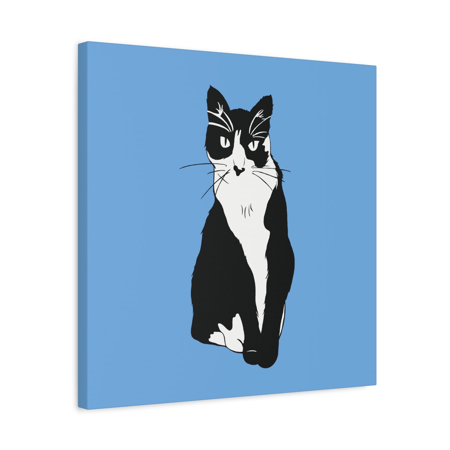 Cat Canvas on Light Blue (B&W Style Cat) - Cat Drawing Art