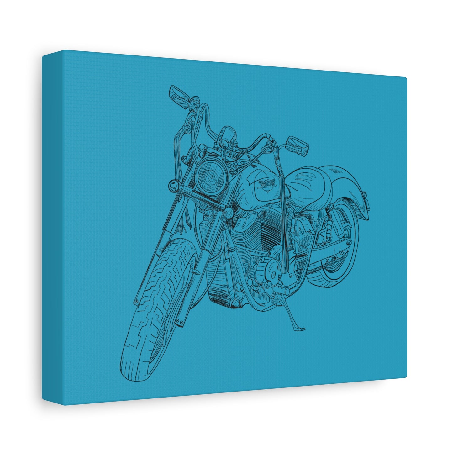 Ride Me Harley Motorcycle Sketch Canvas Print - Black Ink on Turquoise Background