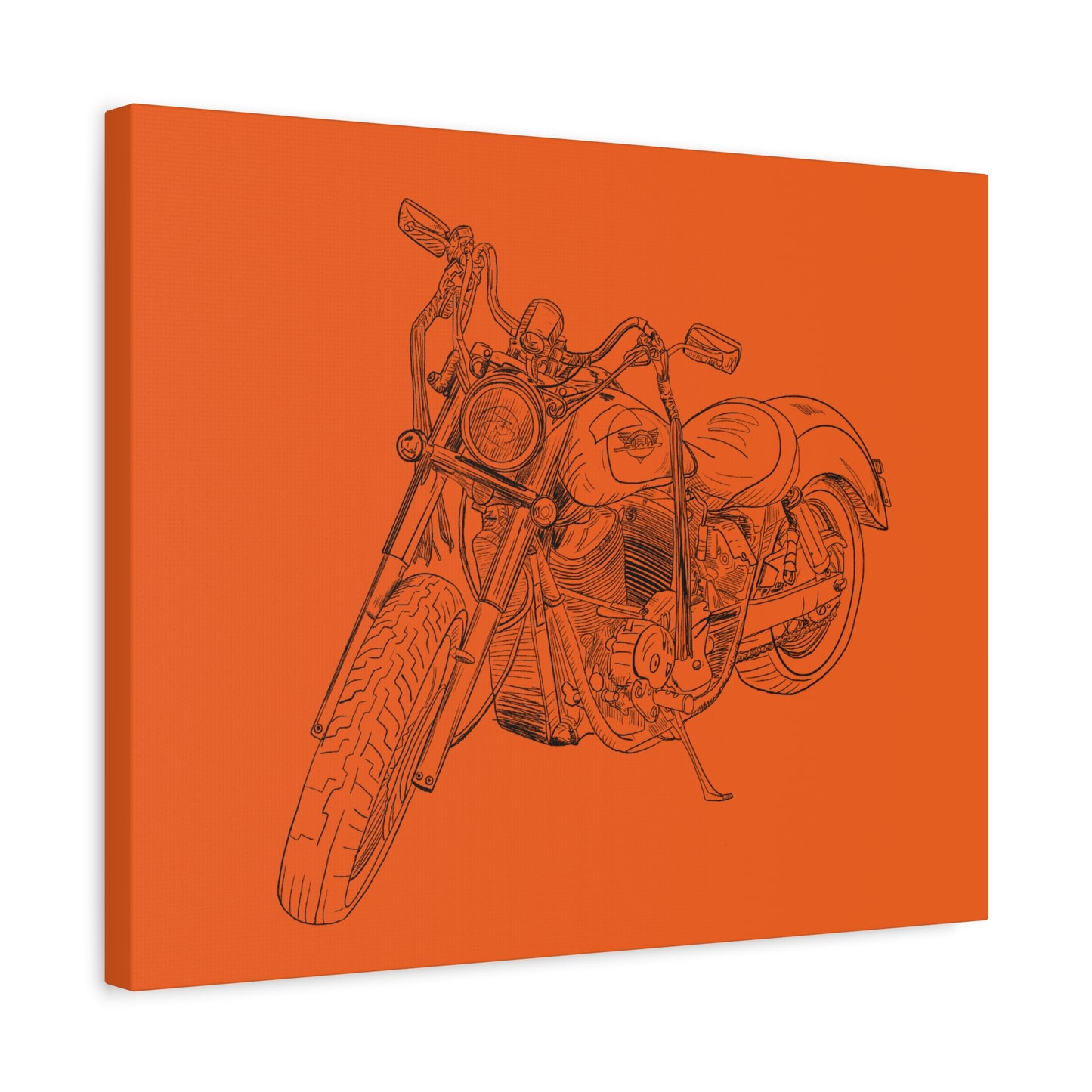 Harley Motorcycle Sketch Canvas Print - Black Ink on Orange Background